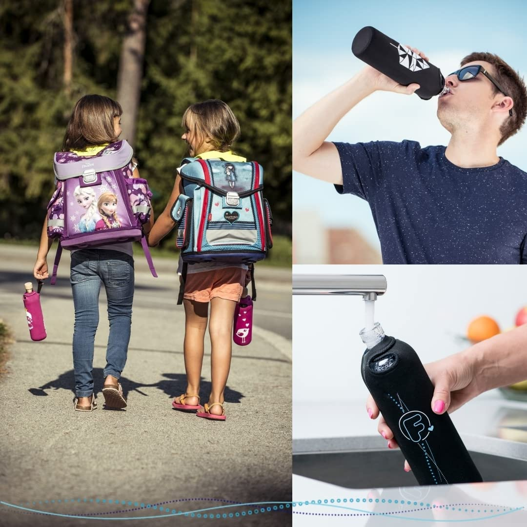 Glass Flaška water bottles in neoprene sleeves used by children on the way to school, an adult drinking, and a bottle being filled from a tap.